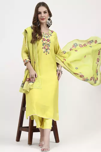 mul chanderi lemon yellow kurta dupatta pant set