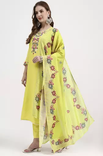 mul chanderi lemon yellow kurta dupatta pant set