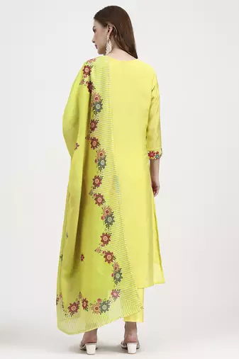 mul chanderi lemon yellow kurta dupatta pant set
