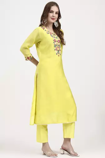 mul chanderi lemon yellow kurta dupatta pant set
