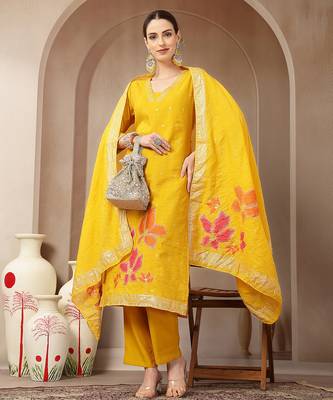 mustard chanderi silk straight kurta trouser dupatta set 1