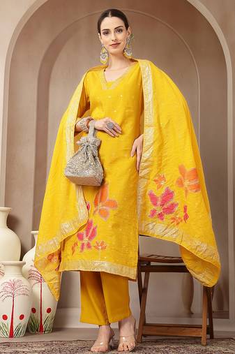 mustard chanderi silk straight kurta trouser dupatta set