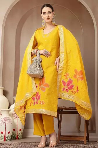 mustard chanderi silk straight kurta trouser dupatta set