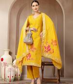 mustard chanderi silk straight kurta trouser dupatta set