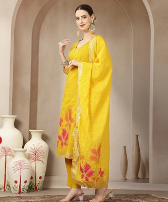 mustard chanderi silk straight kurta trouser dupatta set 2