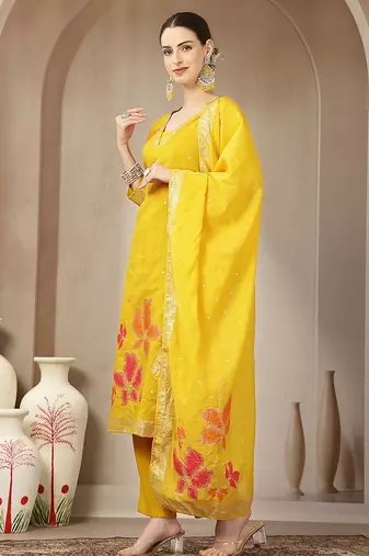 mustard chanderi silk straight kurta trouser dupatta set