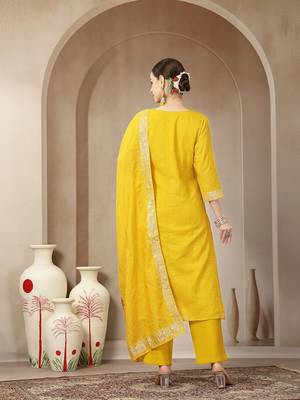 mustard chanderi silk straight kurta trouser dupatta set 3