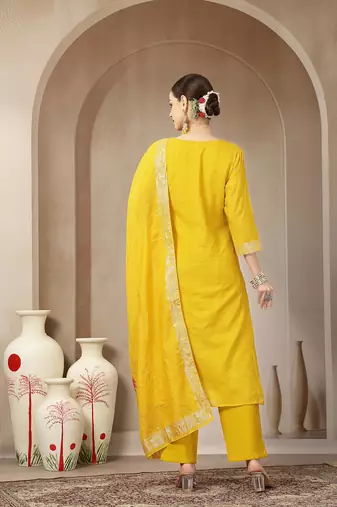 mustard chanderi silk straight kurta trouser dupatta set