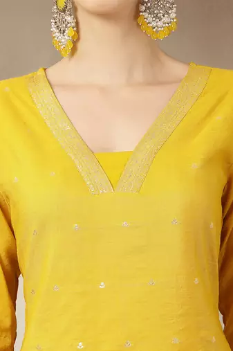 mustard chanderi silk straight kurta trouser dupatta set