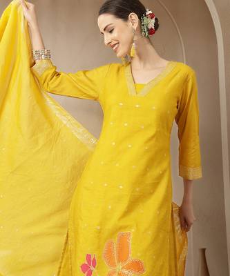 mustard chanderi silk straight kurta trouser dupatta set 5