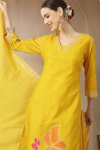 mustard chanderi silk straight kurta trouser dupatta set