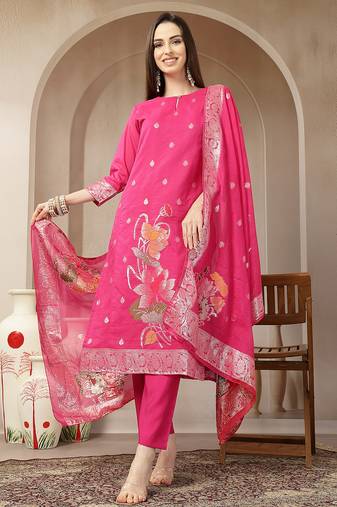 pink chanderi silk floral goldan print straight kurta trouser dupatta set