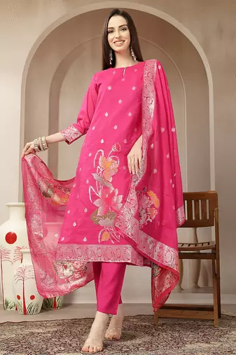 pink chanderi silk floral goldan print straight kurta trouser dupatta set