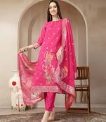 pink chanderi silk floral goldan print straight kurta trouser dupatta set