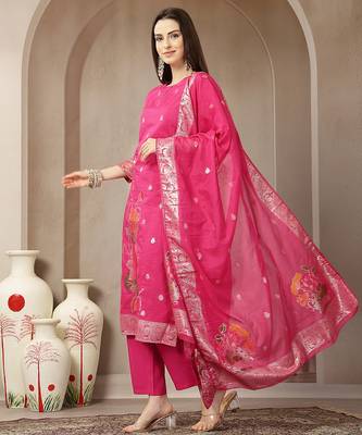 pink chanderi silk floral goldan print straight kurta trouser dupatta set 2
