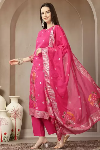 pink chanderi silk floral goldan print straight kurta trouser dupatta set