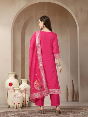 pink chanderi silk floral goldan print straight kurta trouser dupatta set 3