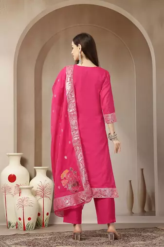 pink chanderi silk floral goldan print straight kurta trouser dupatta set