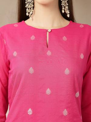 pink chanderi silk floral goldan print straight kurta trouser dupatta set 4