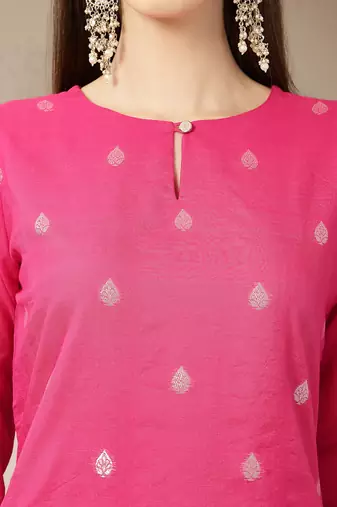 pink chanderi silk floral goldan print straight kurta trouser dupatta set