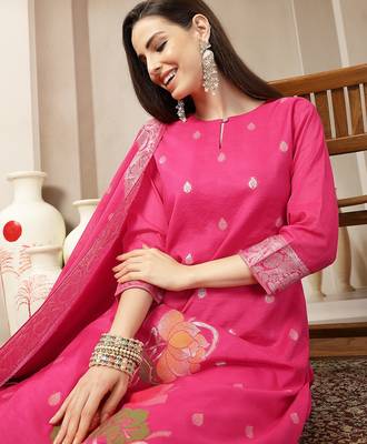 pink chanderi silk floral goldan print straight kurta trouser dupatta set 5