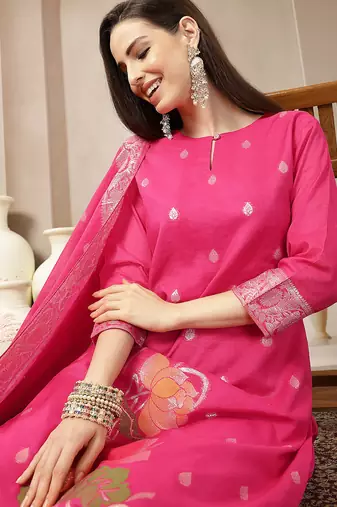 pink chanderi silk floral goldan print straight kurta trouser dupatta set