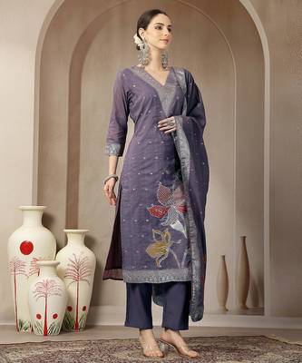 purple chanderi silk floral goldan print straight kurta trouser dupatta set 1