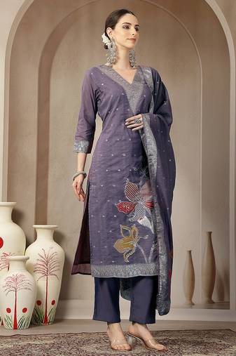 purple chanderi silk floral goldan print straight kurta trouser dupatta set