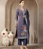 purple chanderi silk floral goldan print straight kurta trouser dupatta set