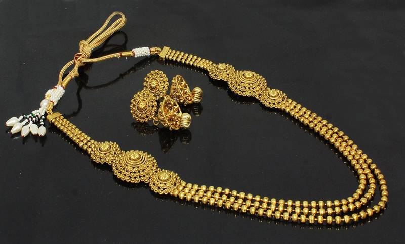 Traditional & Antique Bridal Long Mala Necklace Set with 3 line Golden Polish Beads for Traditional Women Jewellery
