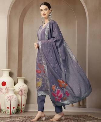 purple chanderi silk floral goldan print straight kurta trouser dupatta set 2
