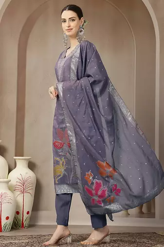 purple chanderi silk floral goldan print straight kurta trouser dupatta set