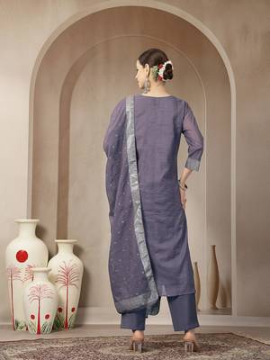 purple chanderi silk floral goldan print straight kurta trouser dupatta set 3
