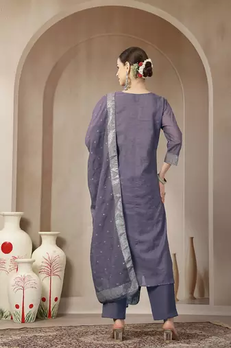 purple chanderi silk floral goldan print straight kurta trouser dupatta set