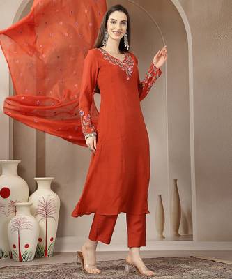 rust mul chanderi anarkali kurta dupatt pant set 1