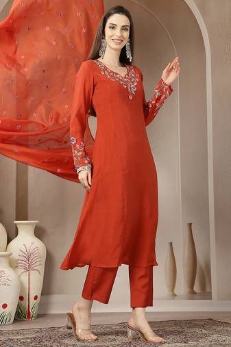 rust mul chanderi anarkali kurta dupatt pant set