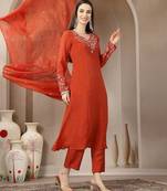 rust mul chanderi anarkali kurta dupatt pant set
