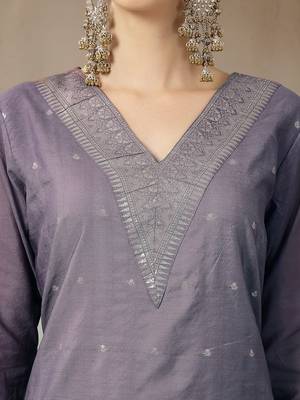 purple chanderi silk floral goldan print straight kurta trouser dupatta set 4