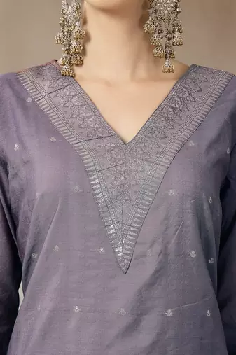 purple chanderi silk floral goldan print straight kurta trouser dupatta set
