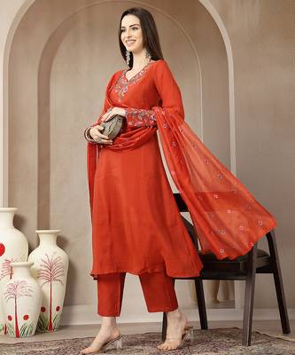 rust mul chanderi anarkali kurta dupatt pant set 2
