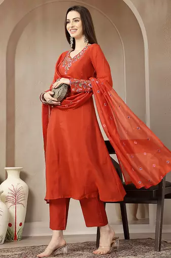 rust mul chanderi anarkali kurta dupatt pant set