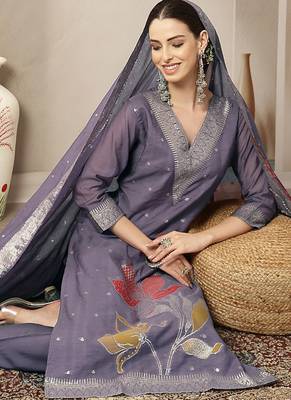 purple chanderi silk floral goldan print straight kurta trouser dupatta set 5