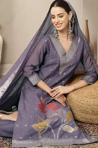 purple chanderi silk floral goldan print straight kurta trouser dupatta set