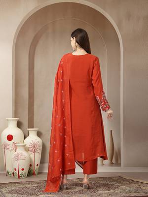 rust mul chanderi anarkali kurta dupatt pant set 3