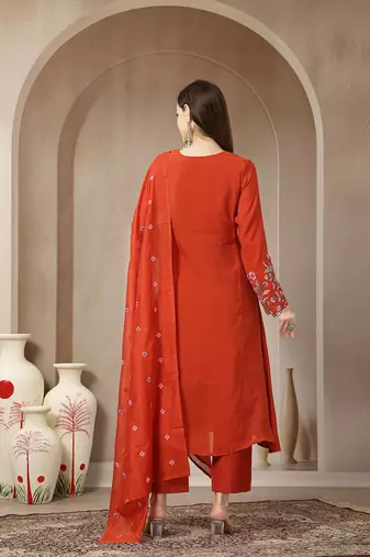 rust mul chanderi anarkali kurta dupatt pant set