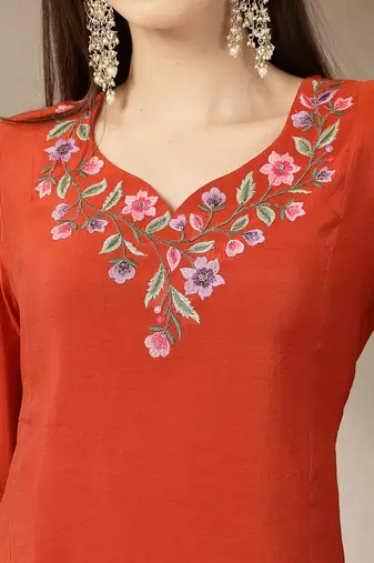 rust mul chanderi anarkali kurta dupatt pant set