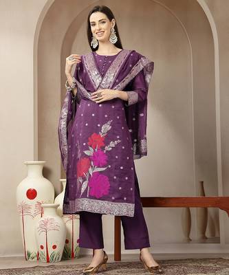 purple chanderi silk floral straight kurta trouser dupatta set 1