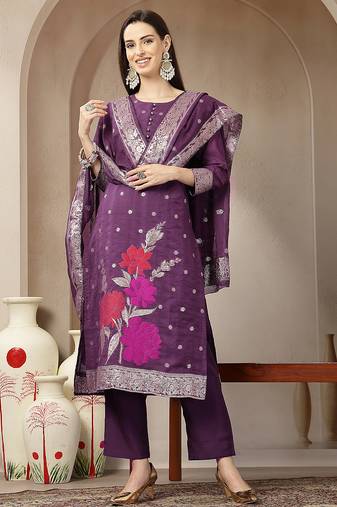 purple chanderi silk floral straight kurta trouser dupatta set
