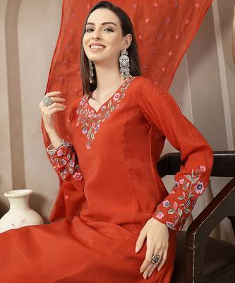 rust mul chanderi anarkali kurta dupatt pant set 5