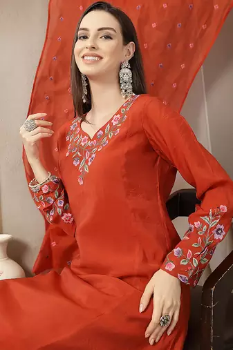 rust mul chanderi anarkali kurta dupatt pant set